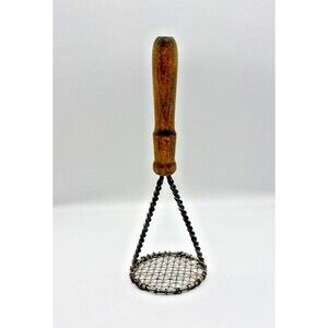Antique Hand Forged Wire Potato Masher Twisted Iron Wood Handle Primitive 10.5"